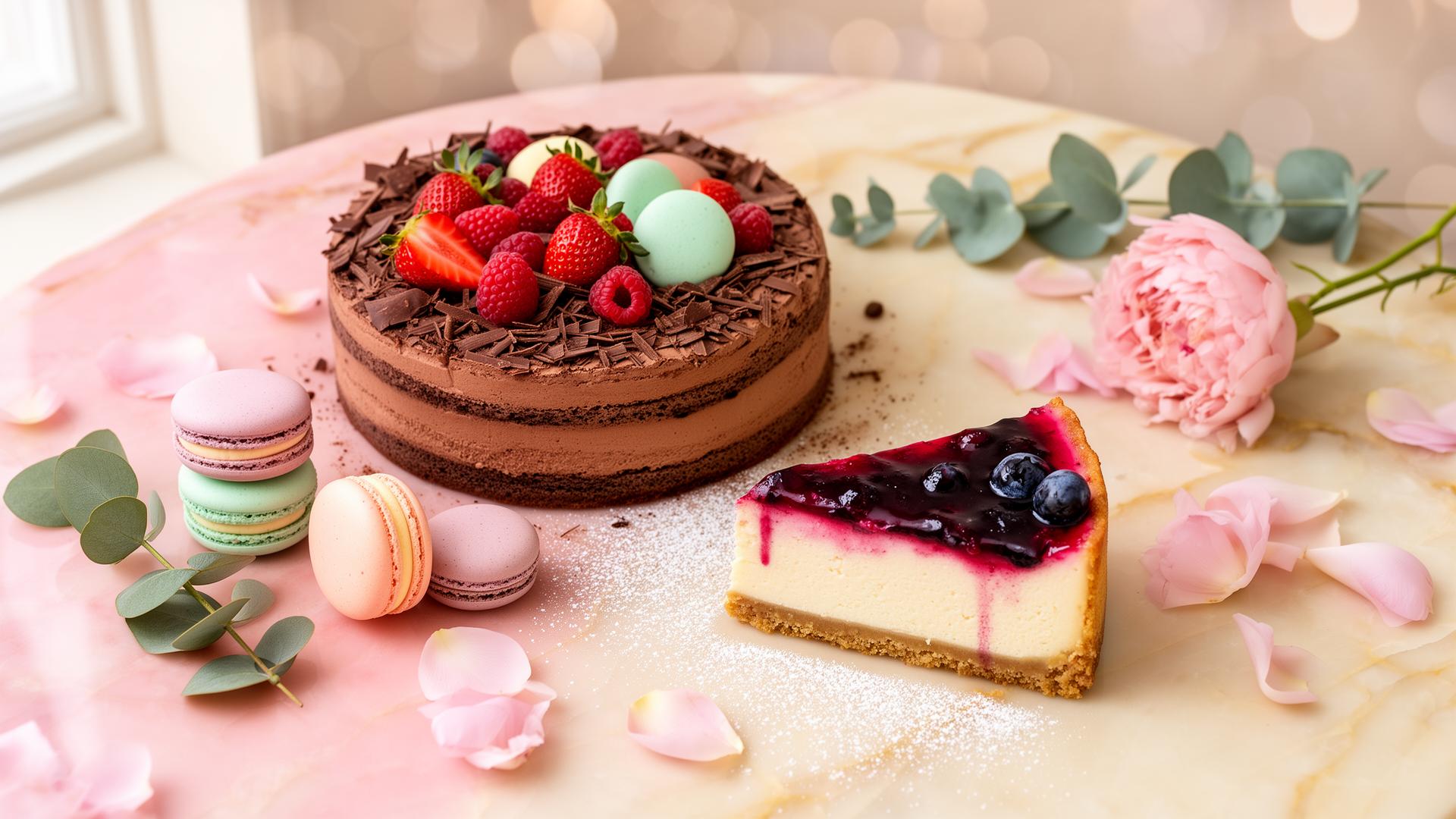 Čokoladna torta, cheesecake i macarons na pastelnoj podlozi