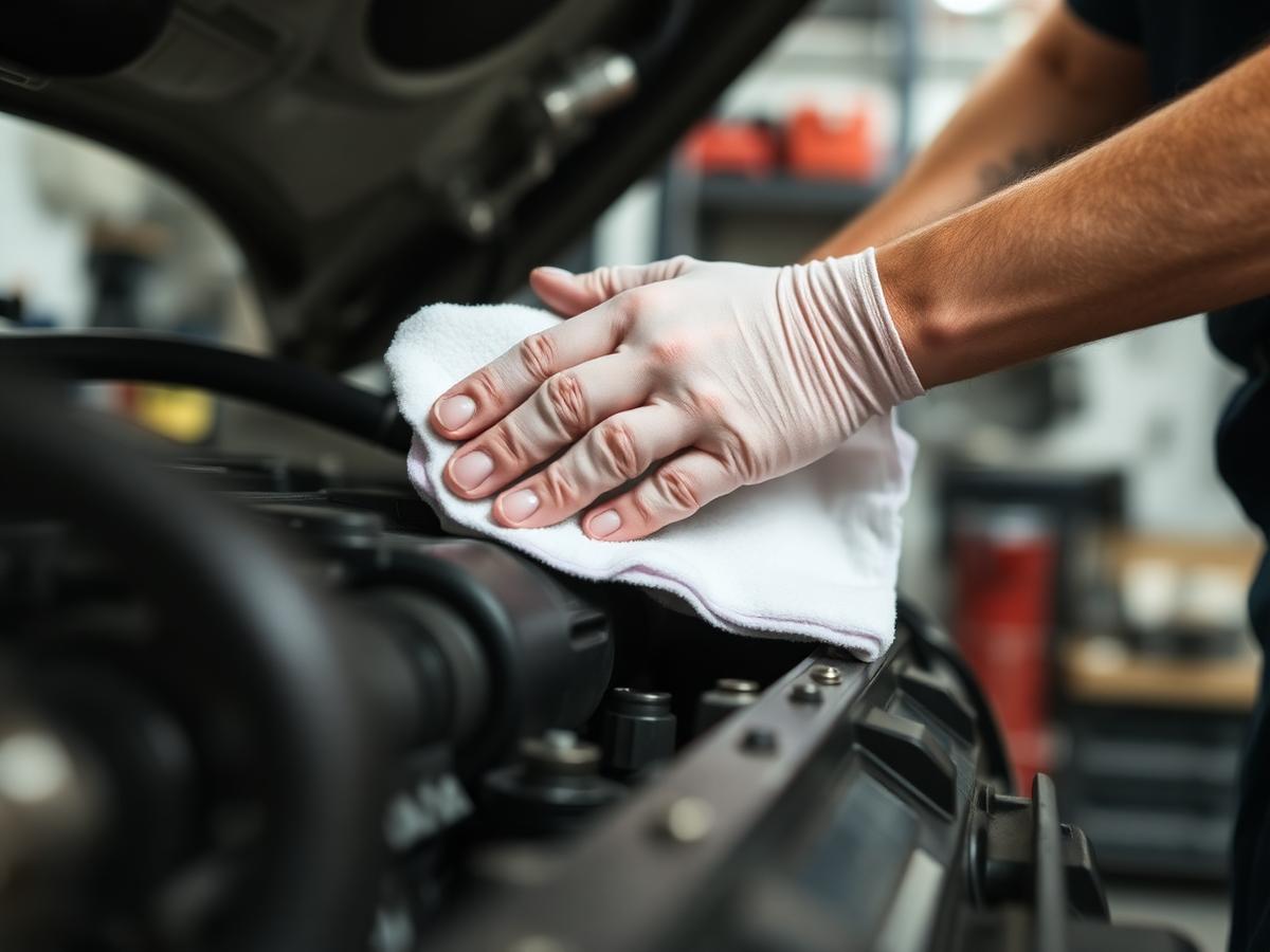 Čišćenje motora industrijskom krpom u radionici